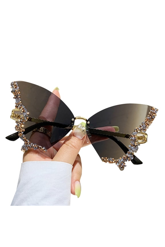 Butterfly Glasses Women Rimless Sunglasses Small Face Butterfly Sunglasses Rhinestone Sunglasses Cat-Eye