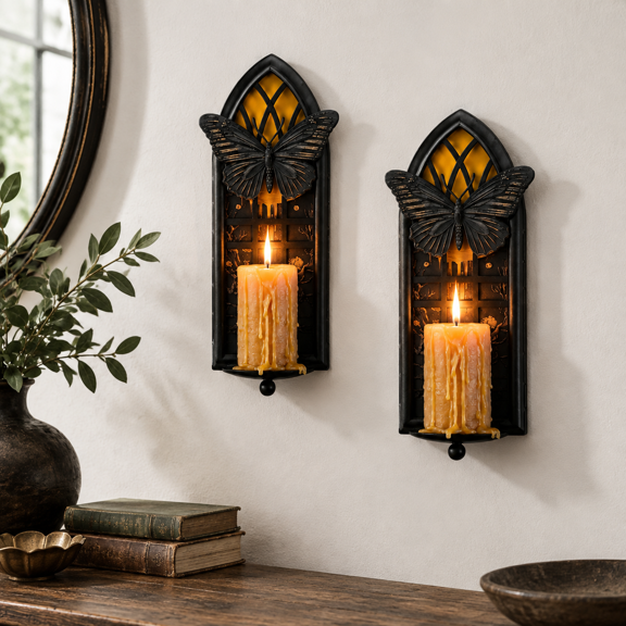 Butterfly Gothic Cathedral Window Wall Candle Sconces Set of 2, Matte Black Frame with Moth Ornament