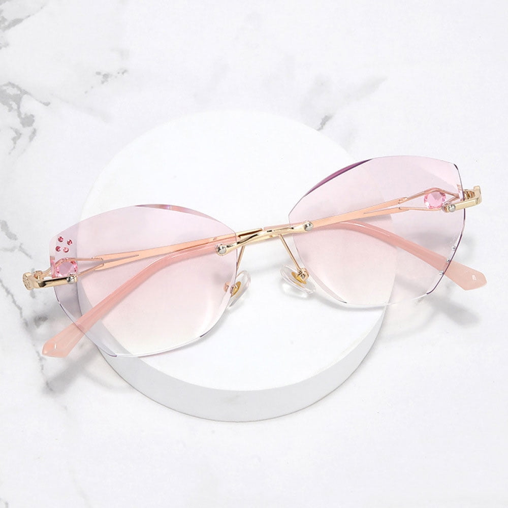Butterfly Gradient Pink Rimless Reading Glasses +1.50, Diamond Frameless Ultra-light Blue Light Blocking Readers 1.50 for Women
