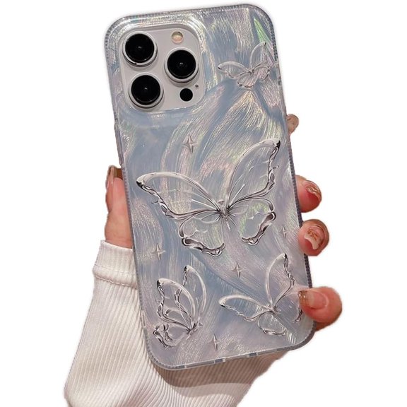 Butterfly Gradient Plating Silver Water Flow Laser Soft Case for iPhone (iPhone 15,Silver)