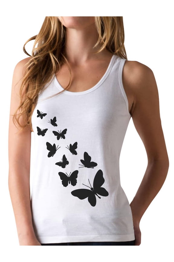 Butterfly Graphic Racerback Tank Top: Women's & Girls' Perfect Summer Sleeveless Top - Casual & Stylish Butterfly Print - Large White