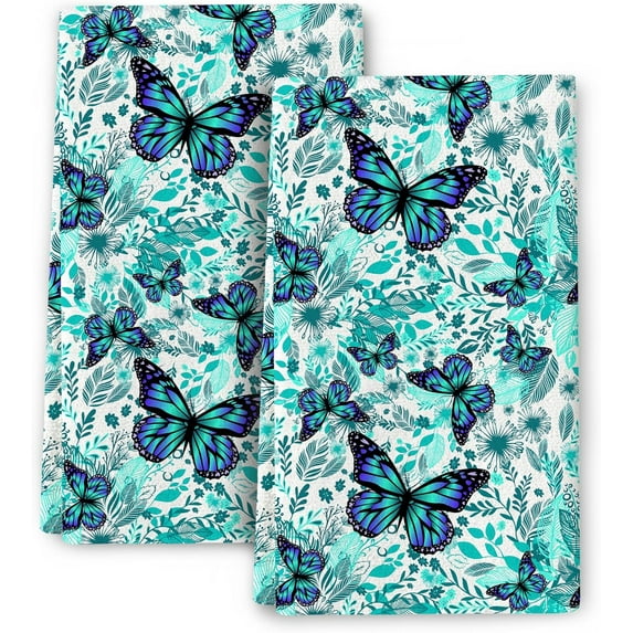 Butterfly Green Kitchen Towels Decorative Set of 2, Soft Absorbent Botanic Dish Towels for Kitchen, Bar Tea Towels Hand Towels for Bathroom Farmhouse Spring Summer Decor