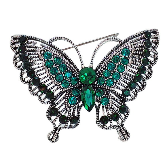 Butterfly Green Rhinestone Vintage Brooch, Silver Tone