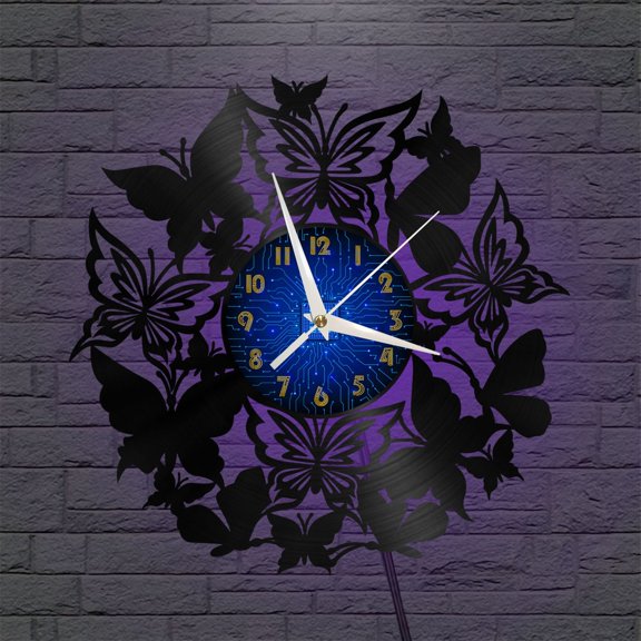 Butterfly Group 12 Inch Vinyl Record Wall Clock - Silent, Creative, and Unique Clock for Living Room, Entryway, or Bedroom Decor - Perfect Gift Idea(12 inchs B with LED)