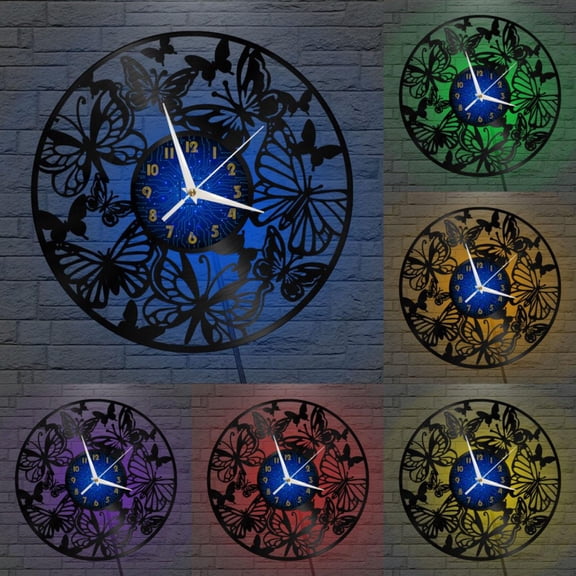 Butterfly Group 2 12 Inch Vinyl Record Wall Clock - Silent, Creative, and Unique Clock for Living Room, Entryway, or Bedroom Decor - Perfect Gift Idea(12 inchs B with LED)