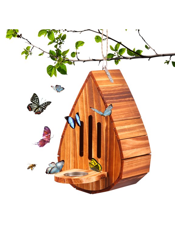 Wooden Butterfly House Habitat with Feeder Bowl, Hanging Teardrop Nesting Box Shelter for Moths and Lacewings, Natural Wood Backyard Observation Decor with Cleaning Brush