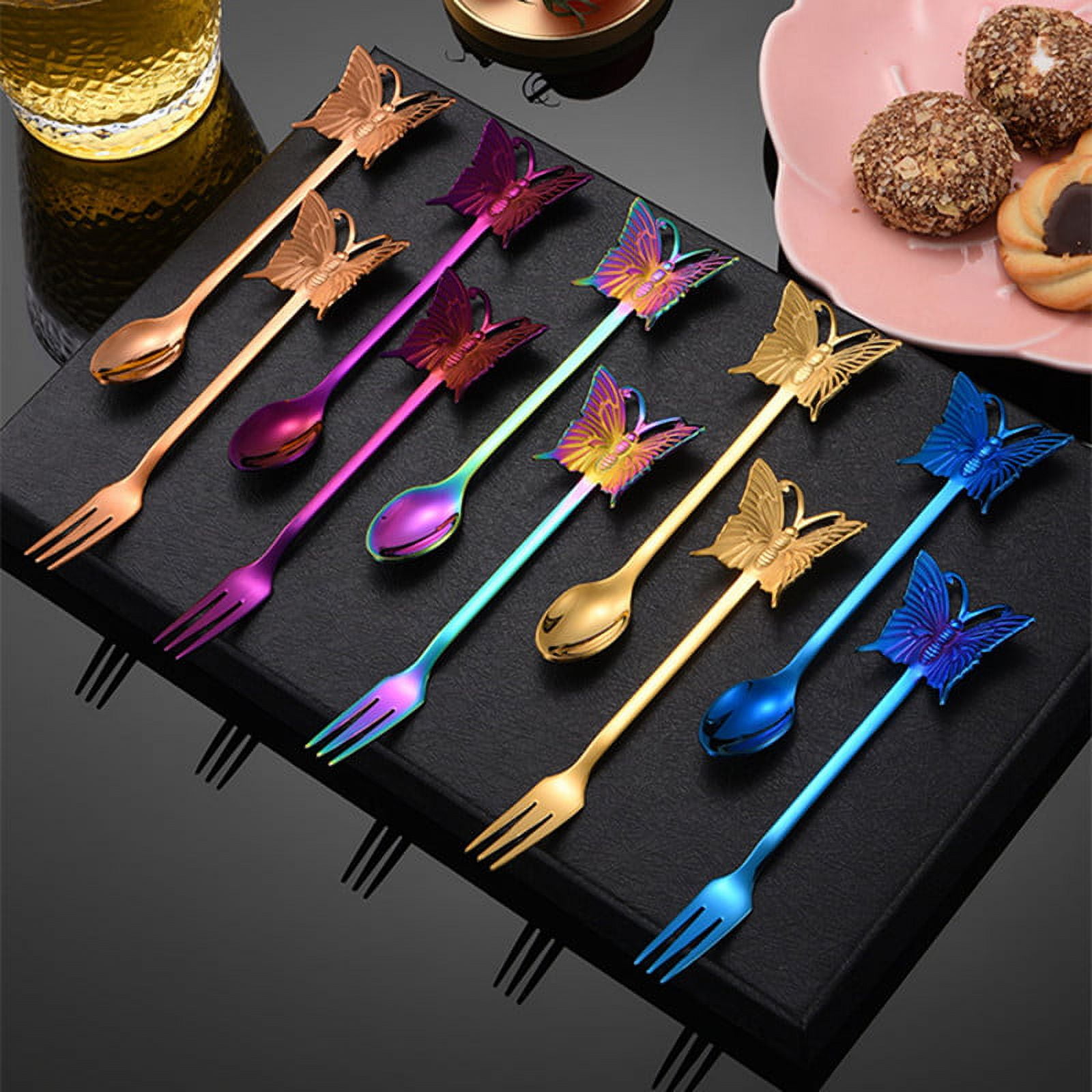 Butterfly Handle Hanging Coffee Spoons and Fork Set Small 304 Stainless  Steel Stirring Teaspoon Mini Fruit Desserts Fork Kitchen Decor Accessories  