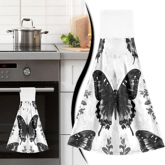 Butterfly Hanging Kitchen Towels, Kitchen Towel with Hanging Loop, Hanging Hand Towels, Hand Tie Towel, Absorbent Hanging Towels with Hook & Loop, Fast Drying Dish Tea Towels for Bathroom