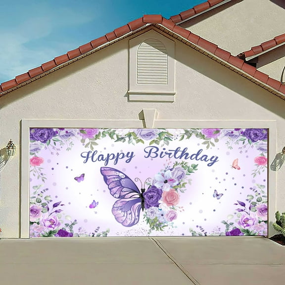 Butterfly Happy Birthday Garage Door Decorations Background Purple Butterfly Flower Leaves Floral Birthday Backdrops Party Flowers Butterfly Girls Birthday Party Decor Banner Cover 16X7FT