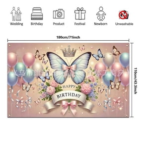 Butterfly Happy Birthday Party Backdrop Banner - Wall Decorations Photography Background Butterfly Party Supplies