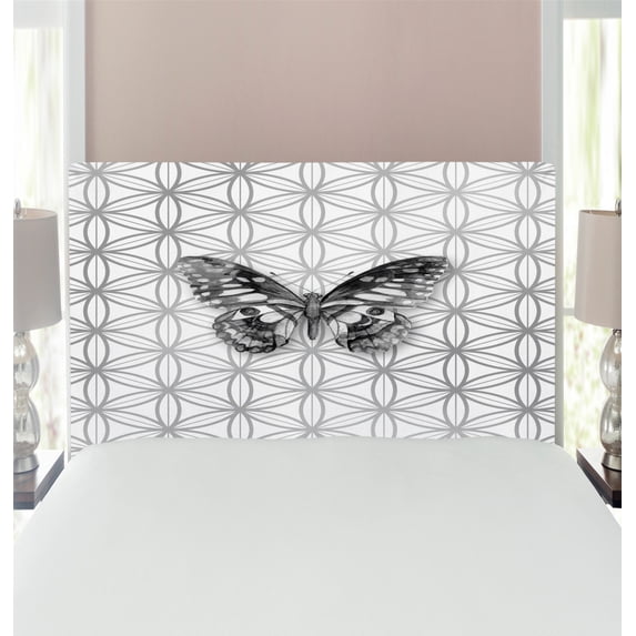 Butterfly Headboard, Animal Butterfly on Geometric Fragments Modern Inspired Illustration, Upholstered Decorative Metal Bed Headboard with Memory Foam, Twin Size, White and Grey, by Ambesonne