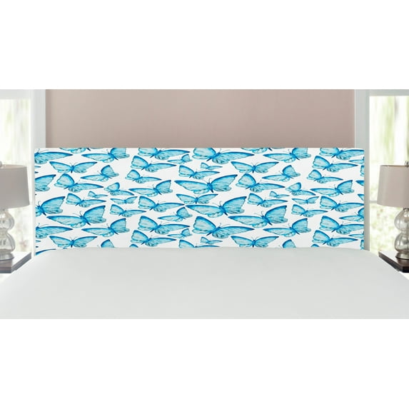 Butterfly Headboard, Moths Joy Connection Mythical Tribal and Bohemian Themed Print, Upholstered Decorative Metal Bed Headboard with Memory Foam, King Size, White and Blue, by Ambesonne