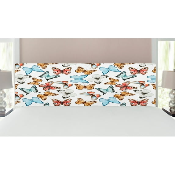 Butterfly Headboard, Various Colorful Butterflies Watercolor Style Wild Nature Bohemian Design Print, Upholstered Decorative Metal Bed Headboard with Memory Foam, King Size, Multicolor, by Ambesonne