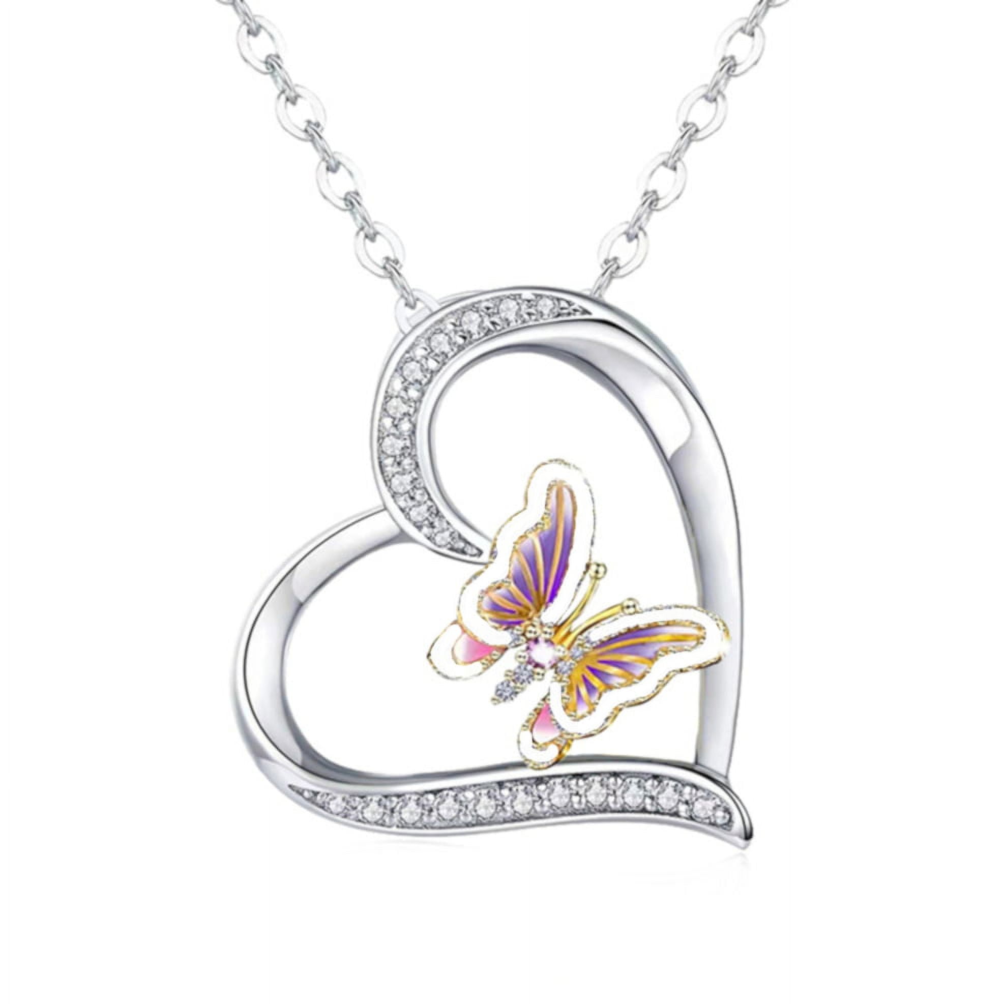 ROWENA J Butterfly Heart Crystal Stones Silver Plated Necklace Jewelry 82-BF