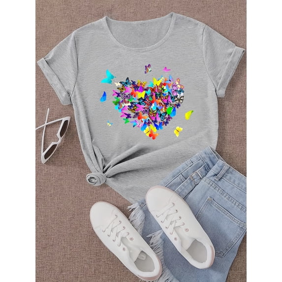 Butterfly Heart Graphic Casual Sports Loose T-shirt, Round Neck Printed Summer Sports Workout Top, Women's Tops