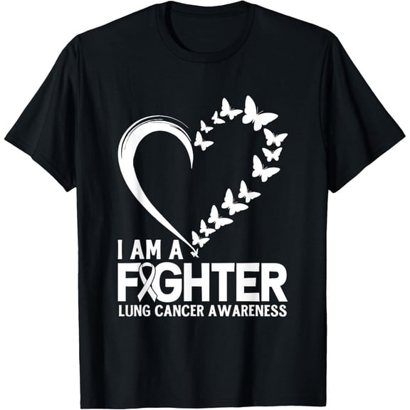 Butterfly Heart I Am A Fighter Lung Cancer Awareness T-ShirtMen and women, Black T-shirt, size: Extra large