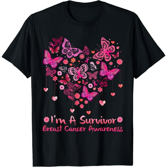 Butterfly Heart I'm A Survivor Breast Cancer Awareness T-Shirt Black Small