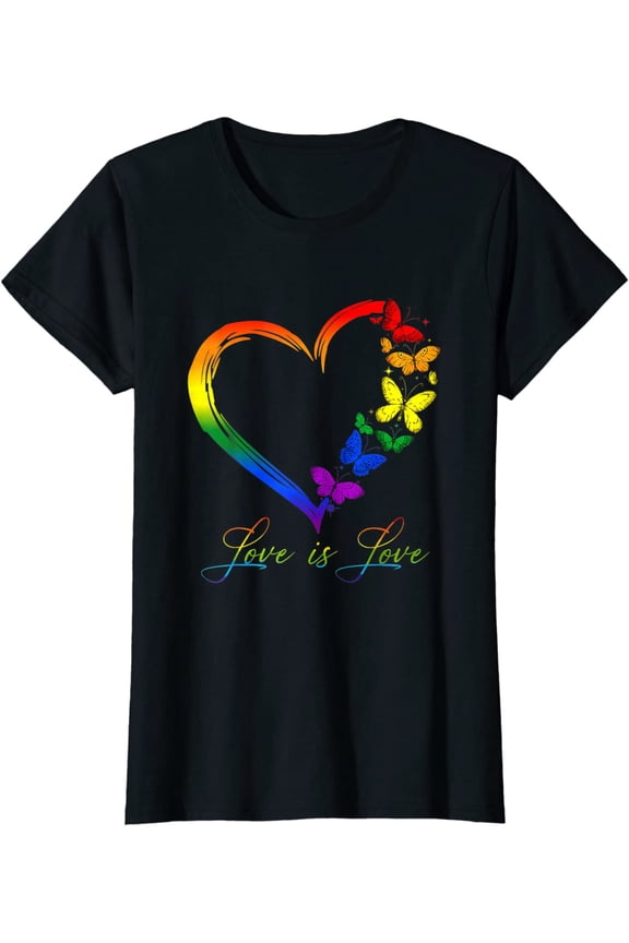 Butterfly Heart Rainbow Love Is Love LGBT Lesbian Pride T-Shirt