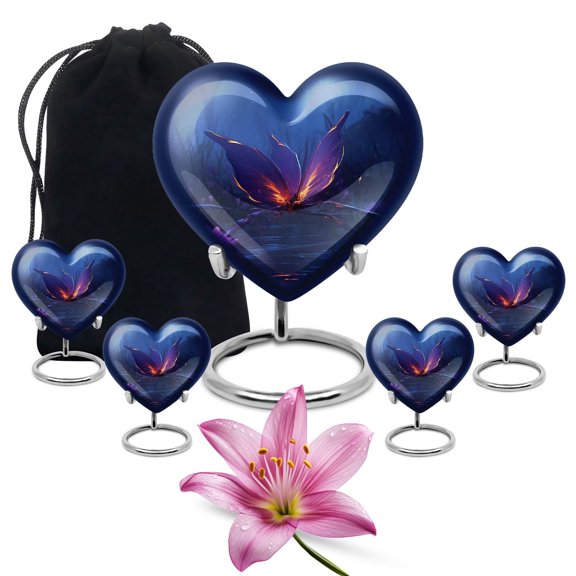 Butterfly Heart Shape Urn, Keepsakes Urns for Human Ash Adult, Large Urn for Funeral, Small Cremation Urns for Mom & Dad Ashes, Decorative Memorial Gifts, 10 & 3 " Tiny Set of 5 Blue