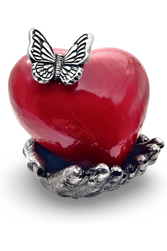 Butterfly Heart Urn for Ashes - Hand Painted with Red Color - Unique Memorial Keepsake for Loved Ones - Decorative Cremation Urn for Home or Office Comes with Unique Hand Shape Stand.
