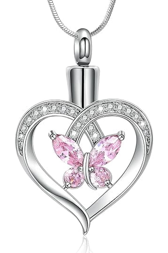 Butterfly Heart Urn Necklace for Ashes for Women Birthstone Heart Cremation Jewelry Ash Urn for Loved Ones Memorial Urn Pendant for Women
