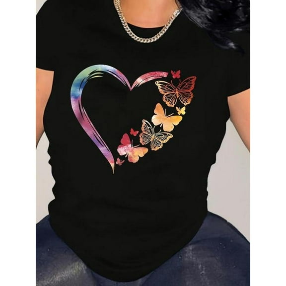 Butterfly Heart Womens Tee Casual Graphic T-Shirt Round Neck Short Sleeve Soft Comfort Black S-5XL