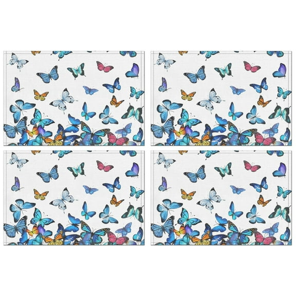 Butterfly Heat Resistant Flax Table Mats for Dining Table, Machine Washable Wrinkle Free Place Mats with Colorful Floral Tropical Artistic Pattern, Cute Aesthetic Design for Butterfly Lover, Set of 4
