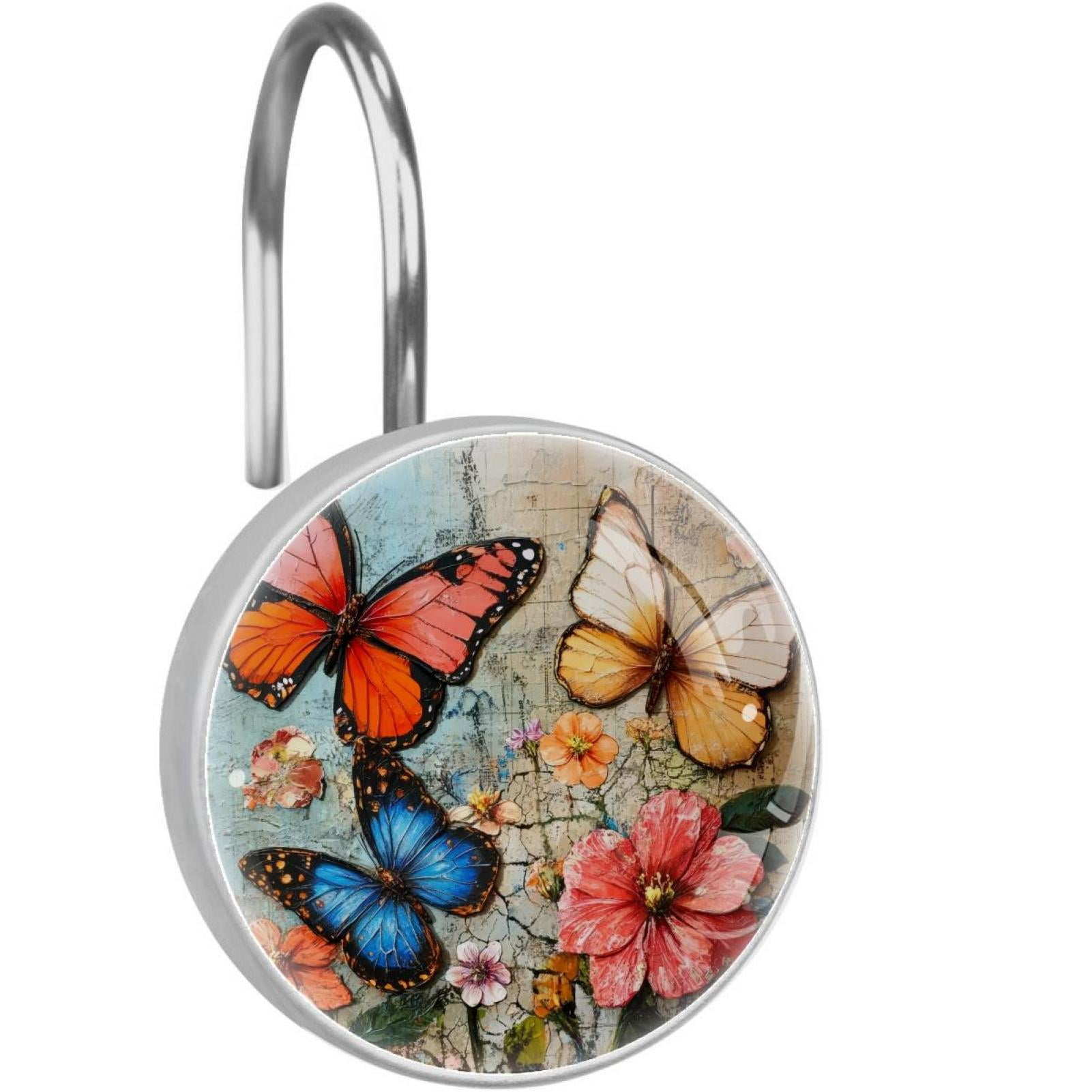 Butterfly Hibiscus Flowers Vintage Shower Curtain Hooks Round Crystal Glass, Set of 12 Shower Curtain Rings - Shower Hooks for Curtain Shower Rings
