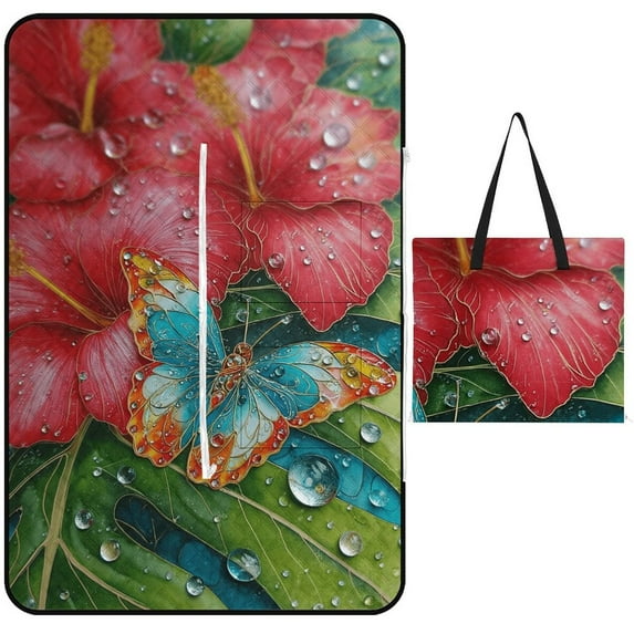 Butterfly Hibiscus Rain Vibrant Art Picnic Blanket Waterproof Outdoor Beach Blanket Hand-held Pad Suitable for Travel, Camping, Beach, Family Gatherings