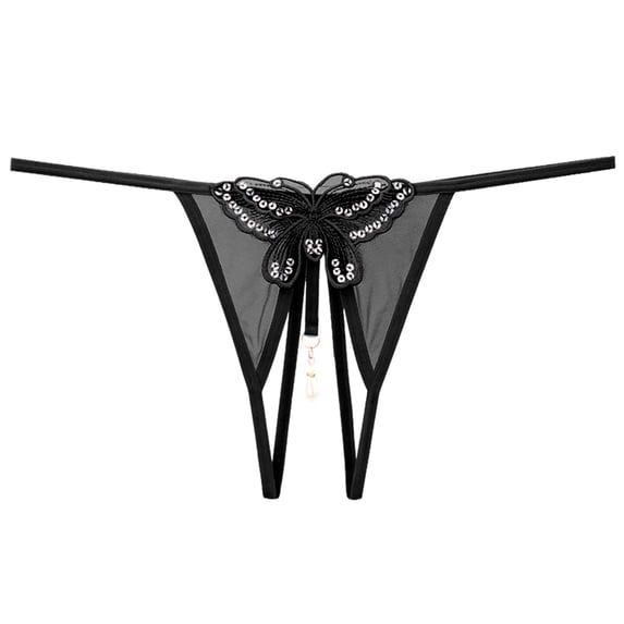 Butterfly Hollow Embroidery Pearl Stimulation Thong Thongs for Women Black One Size