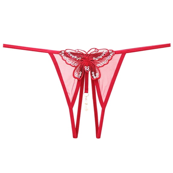 Butterfly Hollow Embroidery Pearl Stimulation Thong Thongs for Women Red One Size