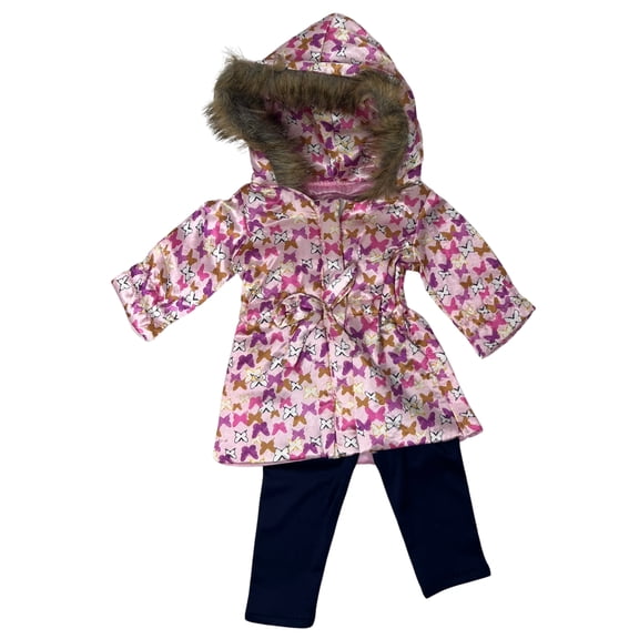 Butterfly Hooded Jacket & Navy Pants Set for 18 Inch Dolls Faux Fur Trim Coat, Handmade Doll Clothes