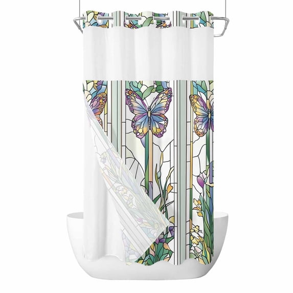 Butterfly No Hook Shower Curtain Waterproof, Bathroom Curtains with Snap in Liners and See Through Top Window, Summer Spring Botanical Farmhouse Hotel Style Bathtub Curtains Shower 36"Wx78"L