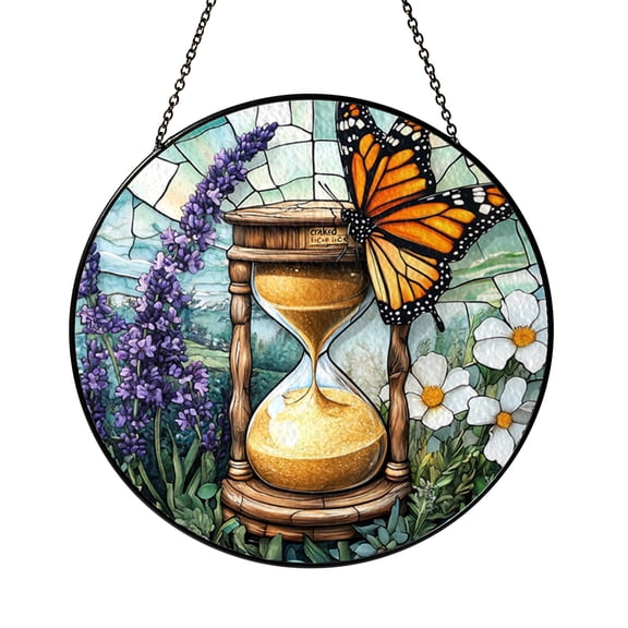 Butterfly Hourglass Stained Glass Suncatcher, Symbolic Time Window Hanging Gift for Spiritual Seekers
