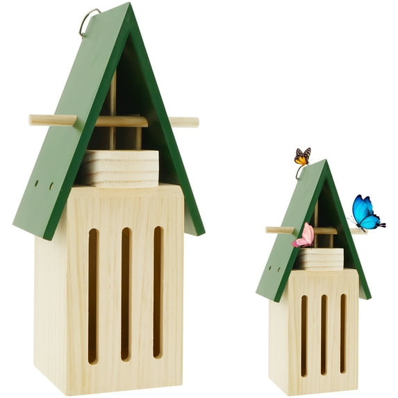 Butterfly House and Feeder Natural Wood Butterfly House with Feeder Decorative Butterfly Shelter Safe Butterfly Habitat with Hooks Hang on Wall or Tree for Outdoor Garden Decor