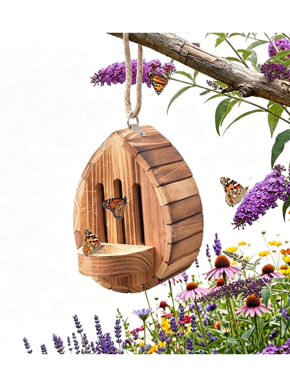 Butterfly House for Garden, Teardrop-Shaped Wooden Butterfly Habitat & Feeder with Rope, Hanging Habitat Feeder Decoration, Wooden Nesting Box for Butterflies Bugs Moths & Lacewings
