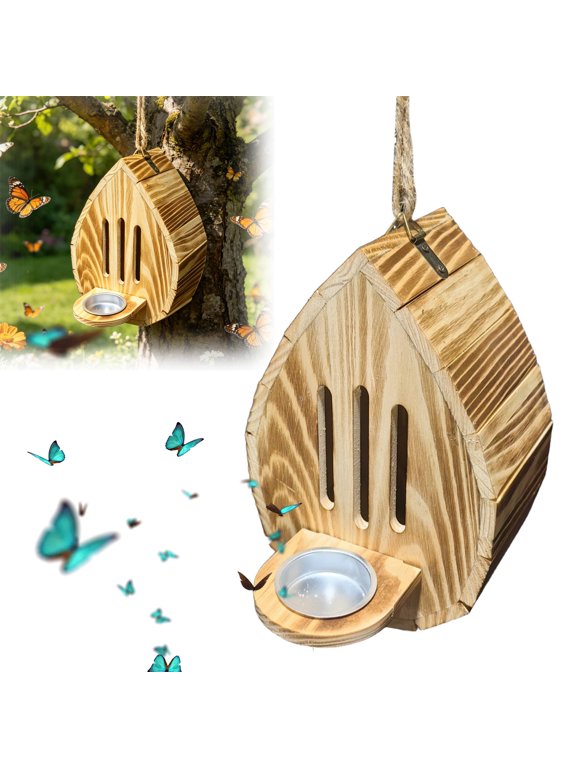 Butterfly House for Outside, Teardrop-Shaped Wooden Butterfly Habitat & Feeder, Hangable Wooden Habitat, Outdoor Butterflies Shelter, Weatherproof Garden Yard Decor, Easy to Clean