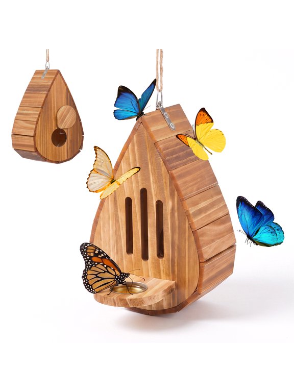 Butterfly House for Outside, Wooden Butterfly Habitat & Feeder for Garden Teardrop-Shaped Hanging Nesting Box for Butterflies Moths & Lacewings Outdoor Backyard Decor with Rope