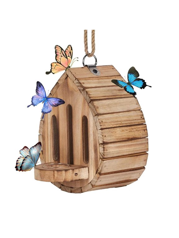 Butterfly House Wooden Habitat with Feeder, Natural Wood, Hanging Garden Decoration, Nesting Box for Butterflies, Bugs, Moths and Lacewings