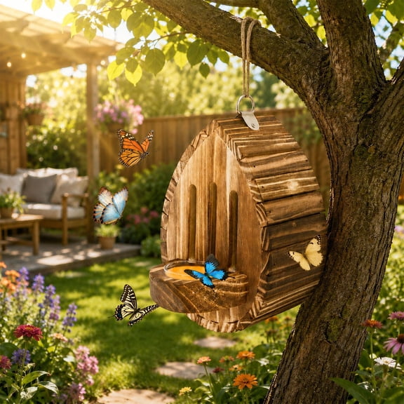 Butterfly House Wooden Shelter, Handmade Garden Butterfly House with Feeder Station, Wooden Habitat Box for Outdoor Garden Decor