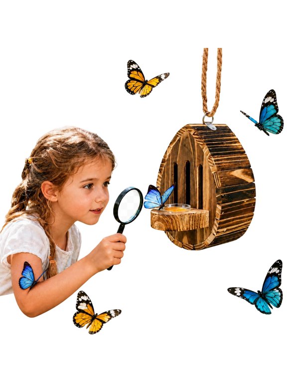 Butterfly House Wooden Shelter, , Wooden Butterfly Habitat & Feeder for Butterflies, Moths and Lacewings, Hanging Butterfly Houses for the Garden, Teardrop Nesting Box Garden Decor with Rope