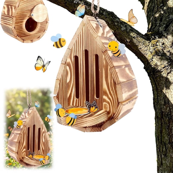 Butterfly Houses Wooden Shelter for Garden with Feeder & Back Door, Teardrop-Shaped Habitat Nesting Box for Bee Butterfly Ladybirds Outdoor