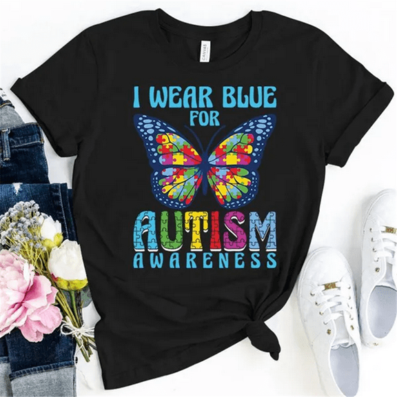 Butterfly I Wear Blue For Autism Awareness Printing T Shirts Fashion Womens Summer Cool Short Sleeve Tops Tee Shirts Grandma