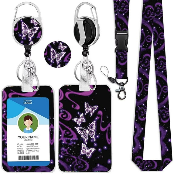 Butterfly ID Badge Holder with Lanyard Retractable Badge Reel Belt Clip,Cute Id Card Badge Case Heavy Duty with Carabiner Clip ane Keychain for Women Nurse Teacher Student Offfice