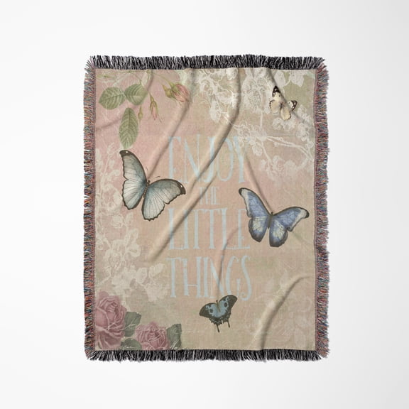 Butterfly Illustration With Quote Enjoy The Little Things, Woven Blanket