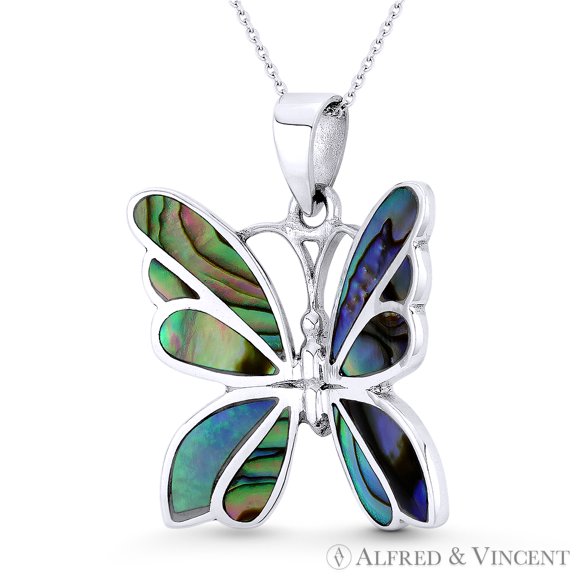 Butterfly Insect Charm Mother-of-Pearl 31x25mm (1.2x1in) Pendant & Chain Necklace in .925 Sterling Silver w/ Rhodium