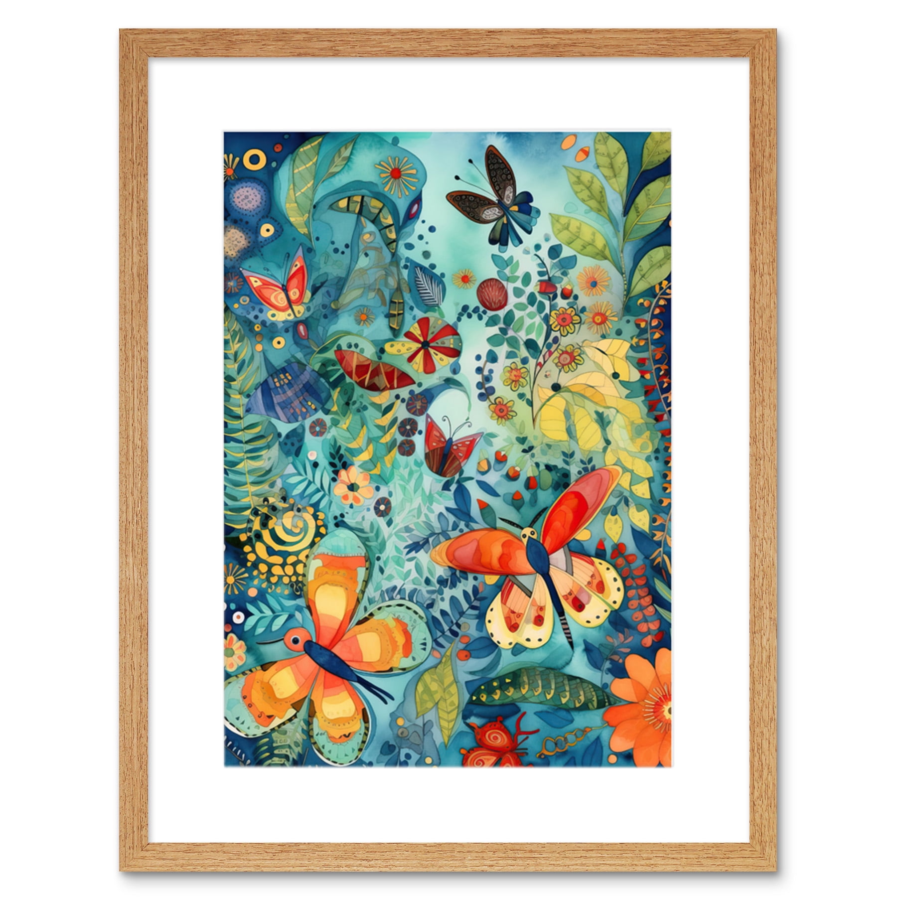Butterfly Insects in Flower Field Modern Folk Art Artwork Framed Wall ...