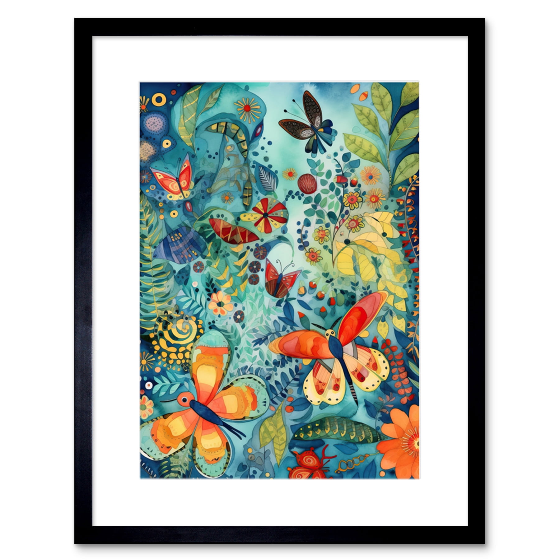 Butterfly Insects in Flower Field Modern Folk Art Artwork Framed Wall ...