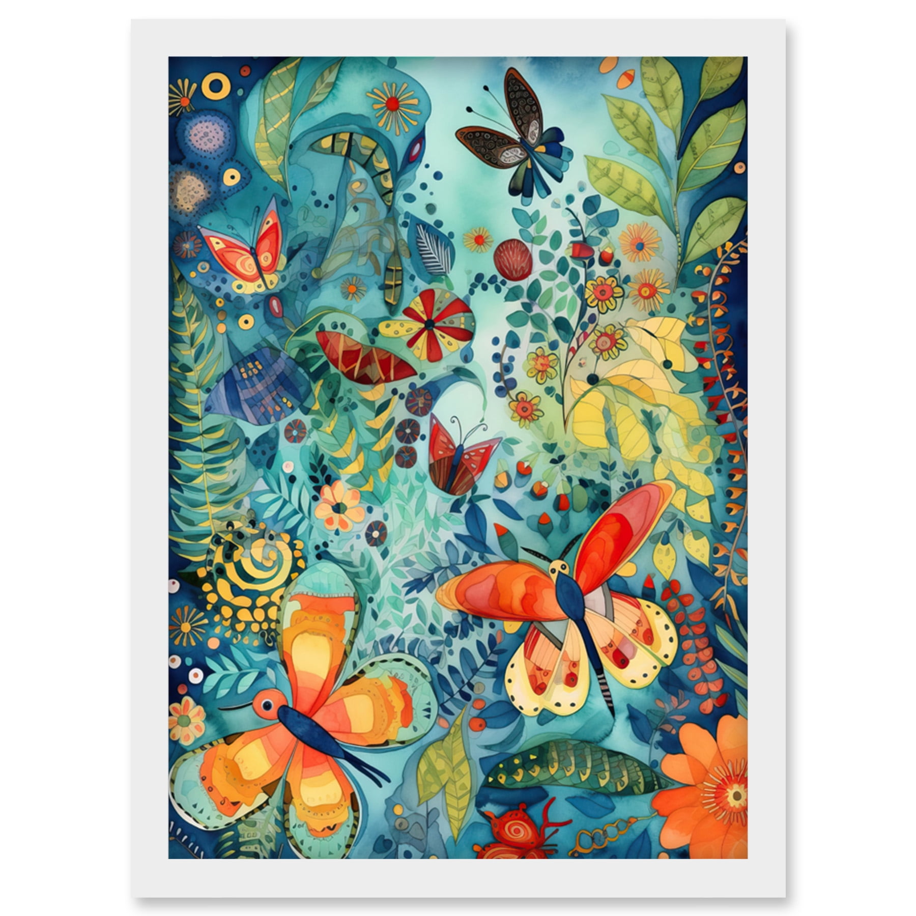 Butterfly Insects in Flower Field Modern Folk Art Artwork Framed Wall ...