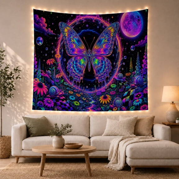 Butterfly Iridescent Neon With Colored Wings Dominates, Mystical Fantasy for Space Lovers, Galaxy Room Decor, Mother's Day Gift, Tapestry Wall Hanging for Bedroom and Dorm